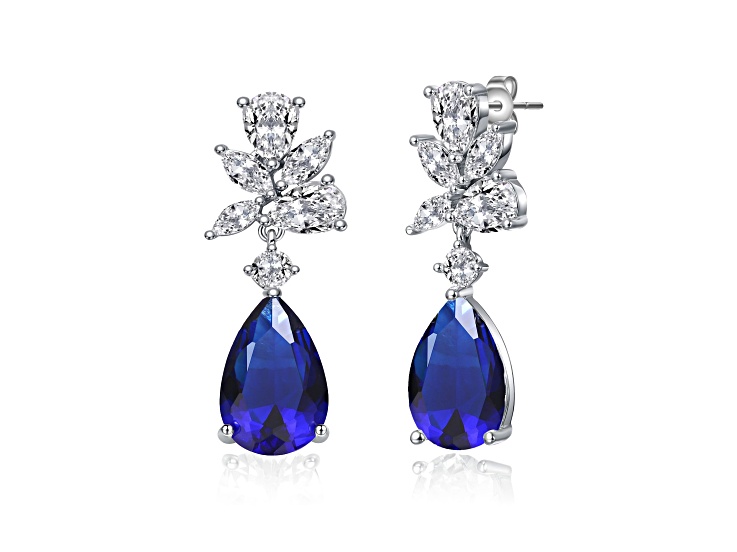 Sapphire Blue Cubic Zirconia, White Gold Plated over Brass Teardrop Cluster Earrings