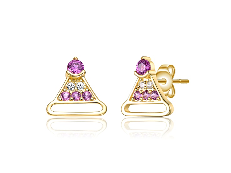 Clear & Pink Cubic Zirconia, 14K Gold Plated over Brass Christmas Hat Stud Earrings