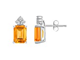 8x6mm Emerald Cut Citrine with Diamond Accents 14k White Gold Stud Earrings