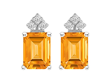 8x6mm Emerald Cut Citrine with Diamond Accents 14k White Gold Stud Earrings