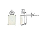 8x6mm Emerald Cut Opal with Diamond Accents 14k White Gold Stud Earrings