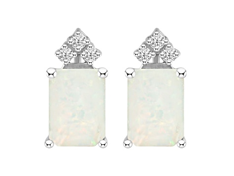 8x6mm Emerald Cut Opal with Diamond Accents 14k White Gold Stud Earrings