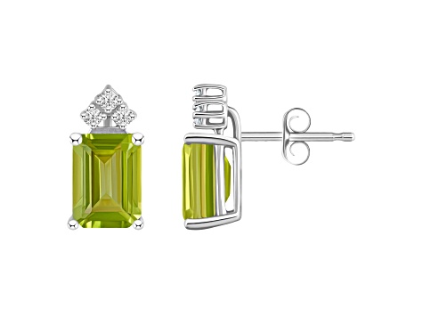 8x6mm Emerald Cut Peridot with Diamond Accents 14k White Gold Stud Earrings