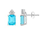 8x6mm Emerald Cut Blue Topaz with Diamond Accents 14k White Gold Stud Earrings