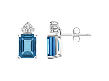 Picture of 8x6mm Emerald Cut London Blue Topaz with Diamond Accents 14k White Gold Stud Earrings