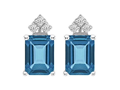 8x6mm Emerald Cut London Blue Topaz with Diamond Accents 14k White Gold Stud Earrings