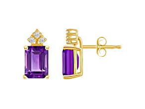 8x6mm Emerald Cut Amethyst with Diamond Accents 14k Yellow Gold Stud Earrings
