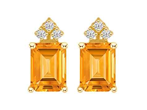 8x6mm Emerald Cut Citrine with Diamond Accents 14k Yellow Gold Stud Earrings