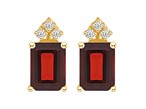 8x6mm Emerald Cut Garnet with Diamond Accents 14k Yellow Gold Stud Earrings