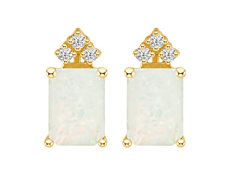 8x6mm Emerald Cut Opal with Diamond Accents 14k Yellow Gold Stud Earrings