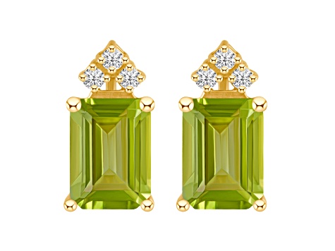 8x6mm Emerald Cut Peridot with Diamond Accents 14k Yellow Gold Stud Earrings