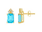 8x6mm Emerald Cut Blue Topaz with Diamond Accents 14k Yellow Gold Stud Earrings