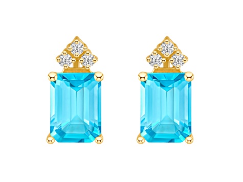 8x6mm Emerald Cut Blue Topaz with Diamond Accents 14k Yellow Gold Stud Earrings