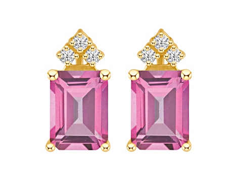 8x6mm Emerald Cut Pink Topaz with Diamond Accents 14k Yellow Gold Stud Earrings