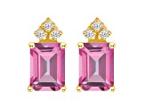 8x6mm Emerald Cut Pink Topaz with Diamond Accents 14k Yellow Gold Stud Earrings