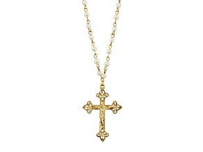 Symbols Of Faith Gold Tone Brass Simulated Pearl Chain Crucifix Cross Pendant With Chain 16 Inch