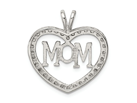 Rhodium Over Sterling Silver Cubic Zirconia Open Heart MOM Pendant