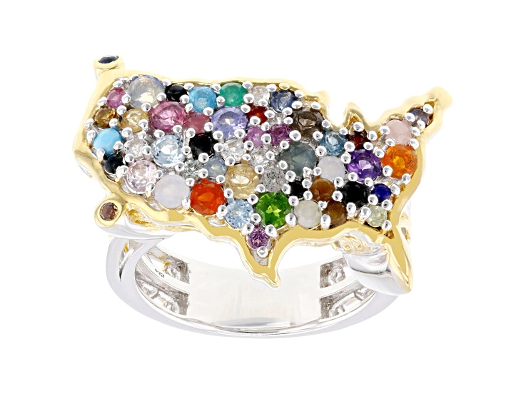 Multi Gemstone Rhodium & 24K Yellow Gold Over Palladium Sterling Silver Two-Tone USA Ring 1.75ctw