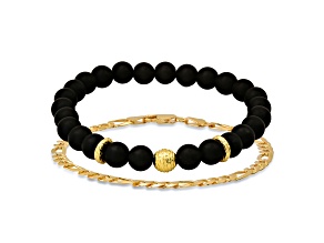 Men's Black Lava Rock and 14K Yellow Gold Over Sterling Silver Beaded Figaro Link Bracelet