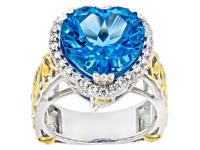 Swiss Blue Topaz & White Zircon Rhodium/24K Yellow Gold Over Palladium Silver Ring 10.34ctw