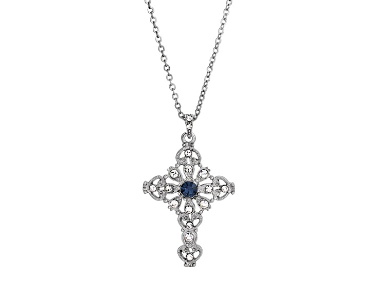 Symbols Of Faith Silver Tone Brass Blue Crystal Cross Pendant With Chain 16 Inch