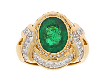 Picture of Oval Green Emerald and White Diamond 18K Yellow Gold Ring. 7.38 CTW