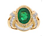 Oval Green Emerald and White Diamond 18K Yellow Gold Ring. 7.38 CTW