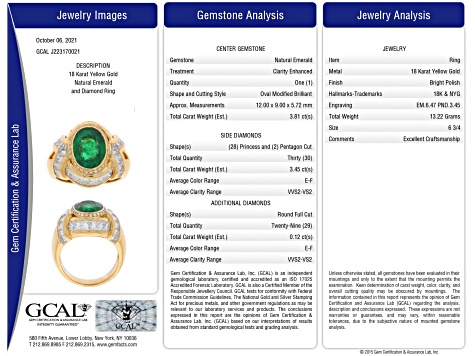 Oval Green Emerald and White Diamond 18K Yellow Gold Ring. 7.38 CTW
