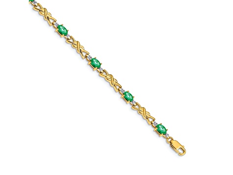 14k Yellow Gold and Rhodium Over 14k Yellow Gold Diamond and Oval Emerald Bracelet