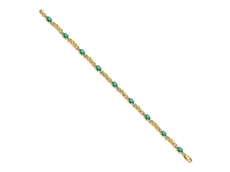 14k Yellow Gold and Rhodium Over 14k Yellow Gold Diamond and Oval Emerald Bracelet