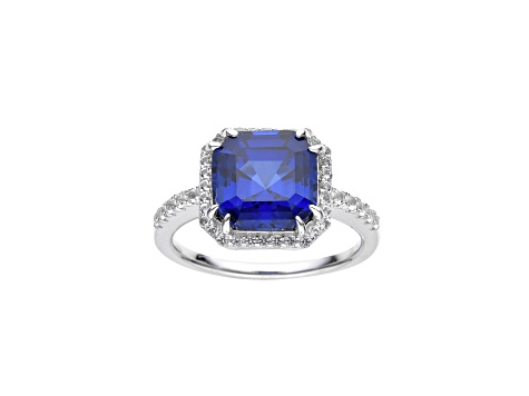Asscher Cut Lab Created Blue Sapphire with Round White Topaz Rhodium Over Sterling Silver Halo Ring