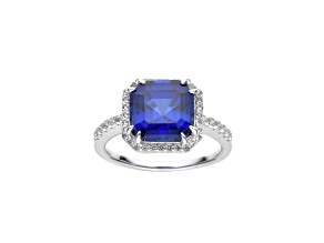 Asscher Cut Lab Created Blue Sapphire with Round White Topaz Rhodium Over Sterling Silver Halo Ring