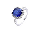 Asscher Cut Lab Created Blue Sapphire with Round White Topaz Rhodium Over Sterling Silver Halo Ring