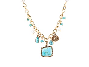 Barse Jewelry Blue Composite Turquoise, Blue Magnesite and White Pearl Charn Gold Tone Necklace