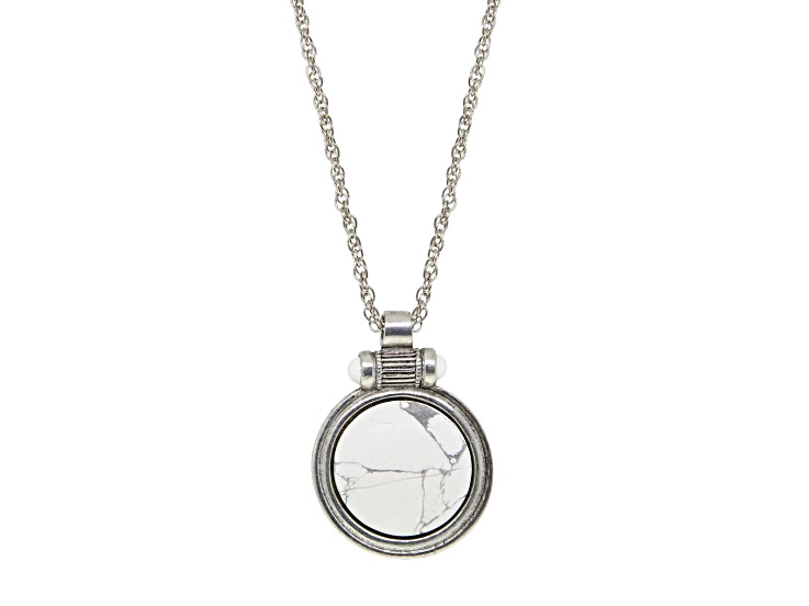 1928 Jewelry Silver Tone Brass White Howlite Round Pendant With Chain