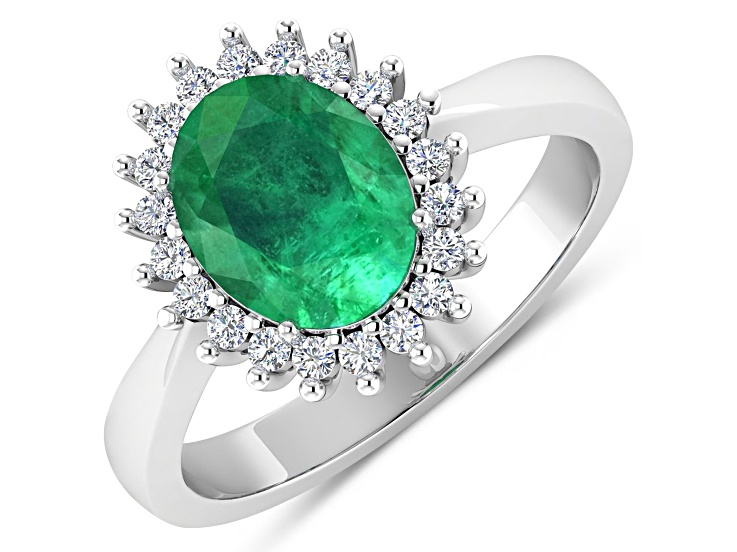 1.19ctw Green Emerald and Diamond 14K White Gold Halo Ring