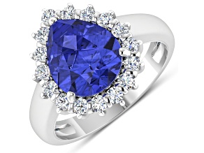 Blue Tanzanite and White Diamond 14K White Gold Halo Teardrop Ring
