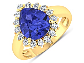 Blue Tanzanite And White Diamond  14K Yellow Gold Halo Teardrop Ring