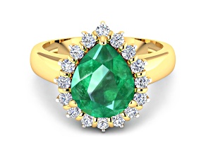Green Zambian Emerald and White Diamond 14K Yellow Gold Halo Teardrop Ring
