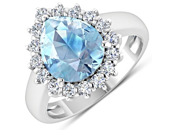 Picture of Blue Aquamarine and Diamond 14K White Gold Halo Teardrop Ring