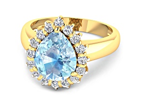 Blue Aquamarine and Diamond 14K Yellow Gold Halo Teardrop Ring