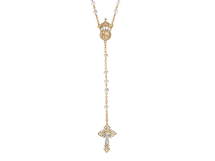 Symbols Of Faith Gold Tone Crystal Two Rings and Cross Medallion Wedding Rosary 20"