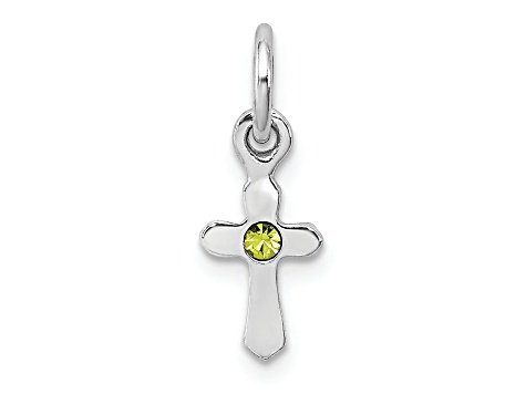 Rhodium Over Sterling Silver Child's August Light Green Preciosca Crystal Cross Pendant