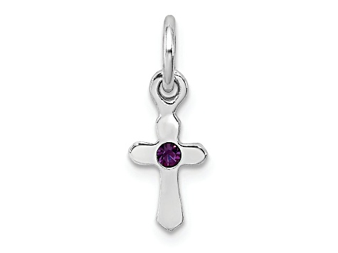 Rhodium Over Sterling Silver Child's February Purple Preciosca Crystal Cross Pendant