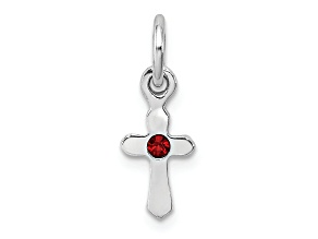 Rhodium Over Sterling Silver Child's January Red Preciosca Crystal Cross Pendant