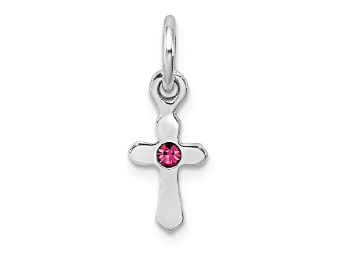 Rhodium Over Sterling Silver Child's October Pink Preciosca Crystal Cross Pendant