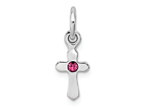 Rhodium Over Sterling Silver Child's October Pink Preciosca Crystal Cross Pendant