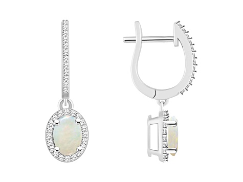 7x5mm Oval Opal 1/3 ctw Diamond Rhodium Over Sterling Silver Halo Dangle Earrings