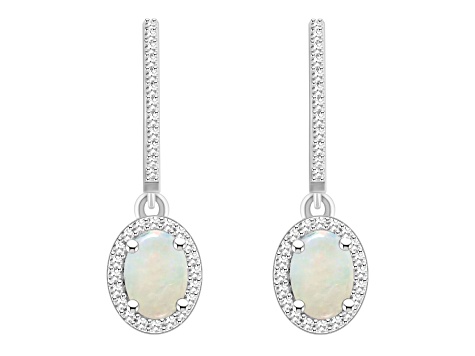 7x5mm Oval Opal 1/3 ctw Diamond Rhodium Over Sterling Silver Halo Dangle Earrings