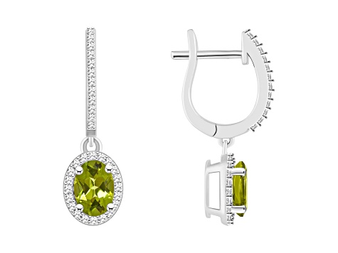 7x5mm Oval Peridot 1/3 ctw Diamond Rhodium Over Sterling Silver Halo Dangle Earrings